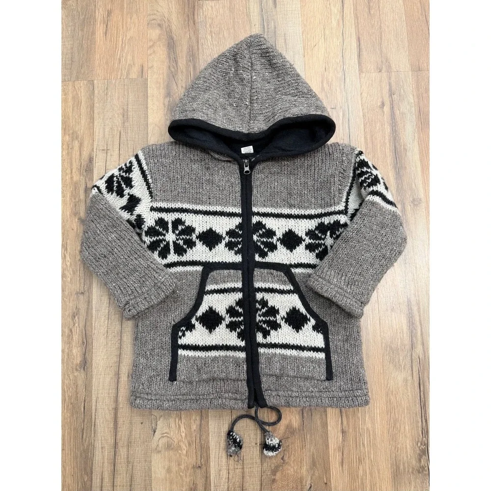 Handmade 100%‎ Wool Zip Up Hoodie Andean Sweater Gray Nepal Size L